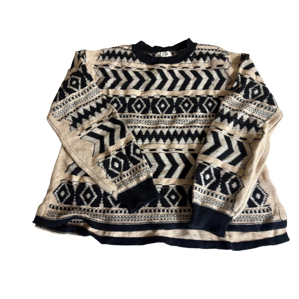 NWOT &Merci Sweater Unisex M Cream Black Tribal Ethnic Aztec Oversized Pullover